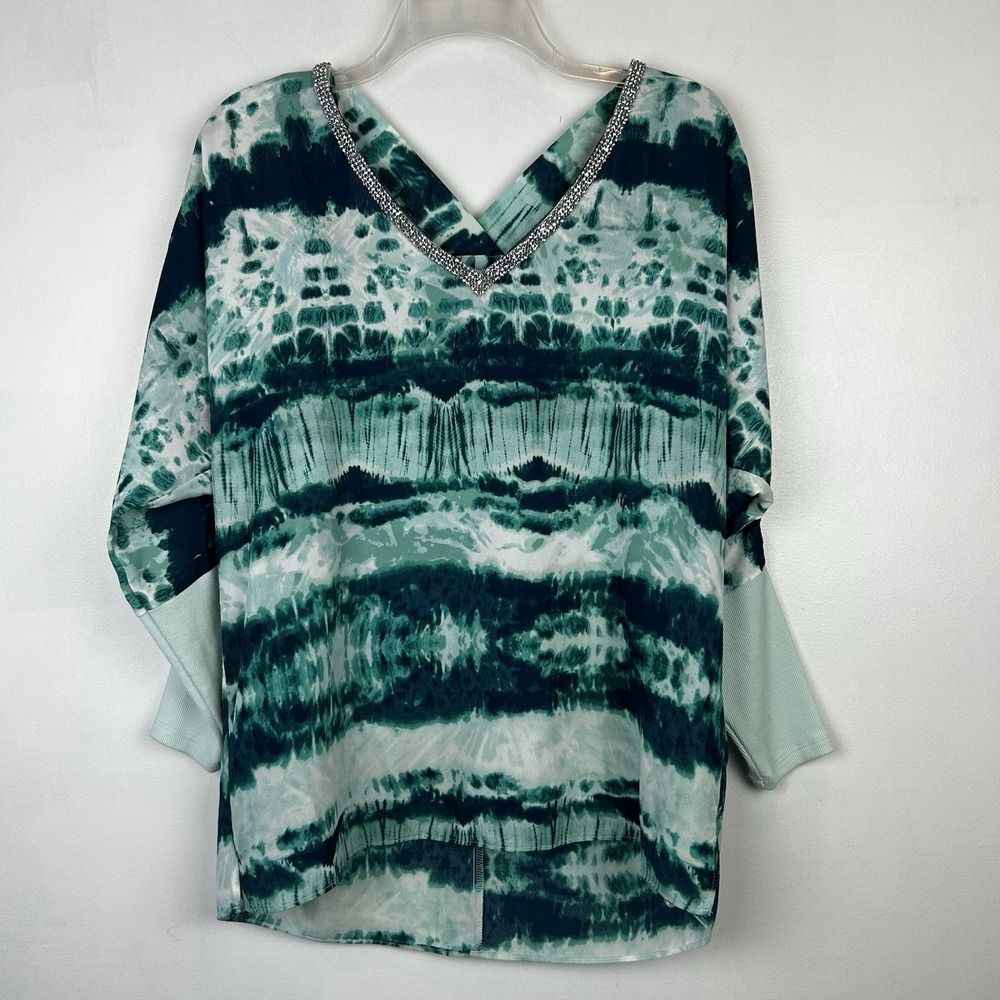 Juicy Couture Blouse Top Womens Medium Tie Dye Cold Shoulder Bling V Neck